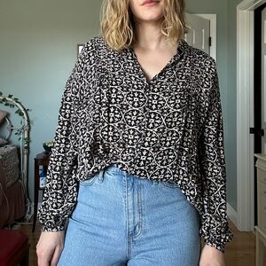 Black & Cream Printed Button-Up Blouse